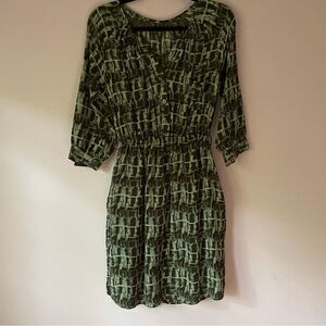 Fei Silk Dress XS Midi Gray Blue Print 3/4 Sleeve Button Split Neck